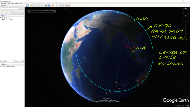 [Google Earth - mh370 range from Lagog on, picture source: Bobby Jagernath]